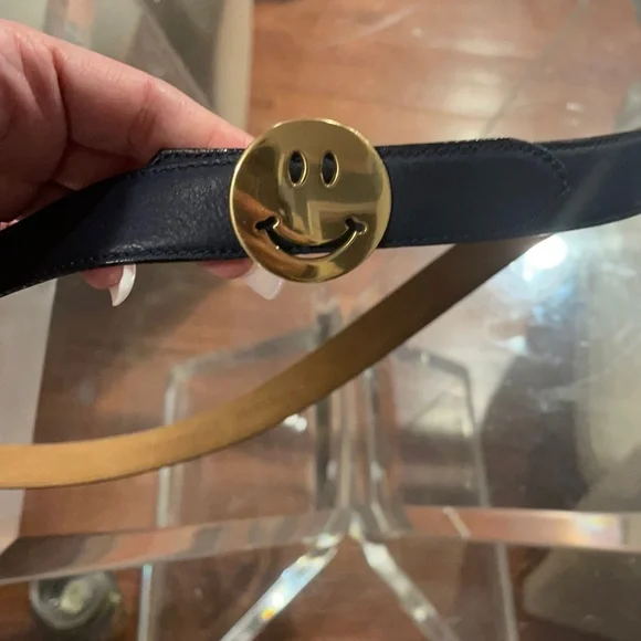 Moschino Happy Smile Face Navy leather belt with gold hardware size 40 Belt in leather with logo | Moschino main image 3